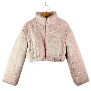 Streetwear Society Sherpa Teddy Pink Crop Jacket Size L, Oversized Kawaii Fluffy